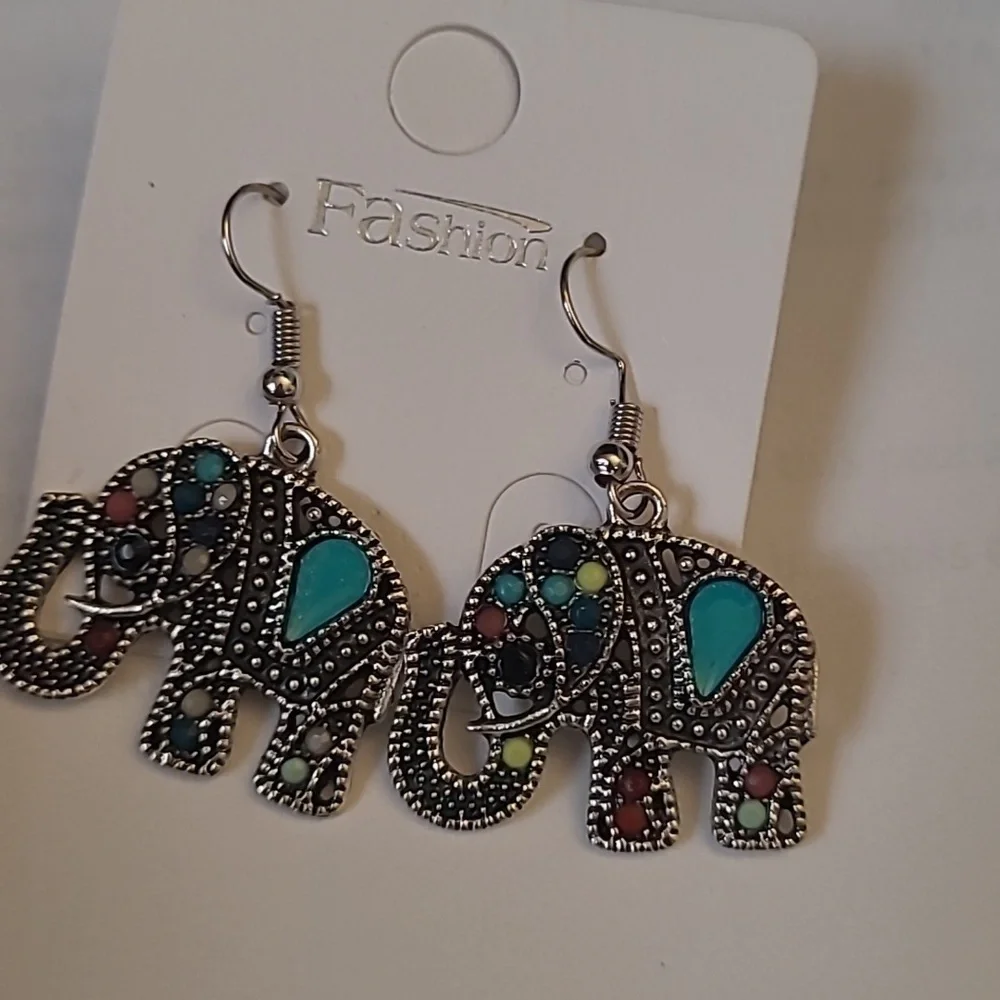 Elegant Silver and  Multicolor Dangle Elephant Earrings - Picture 2 of 6